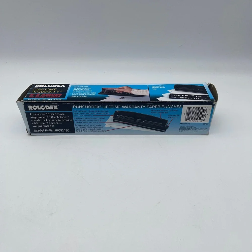 Rolodex Punchodex P-49 Adjustable Paper Punch Black 3-Hole 11-Hole 16 Sheet Cap